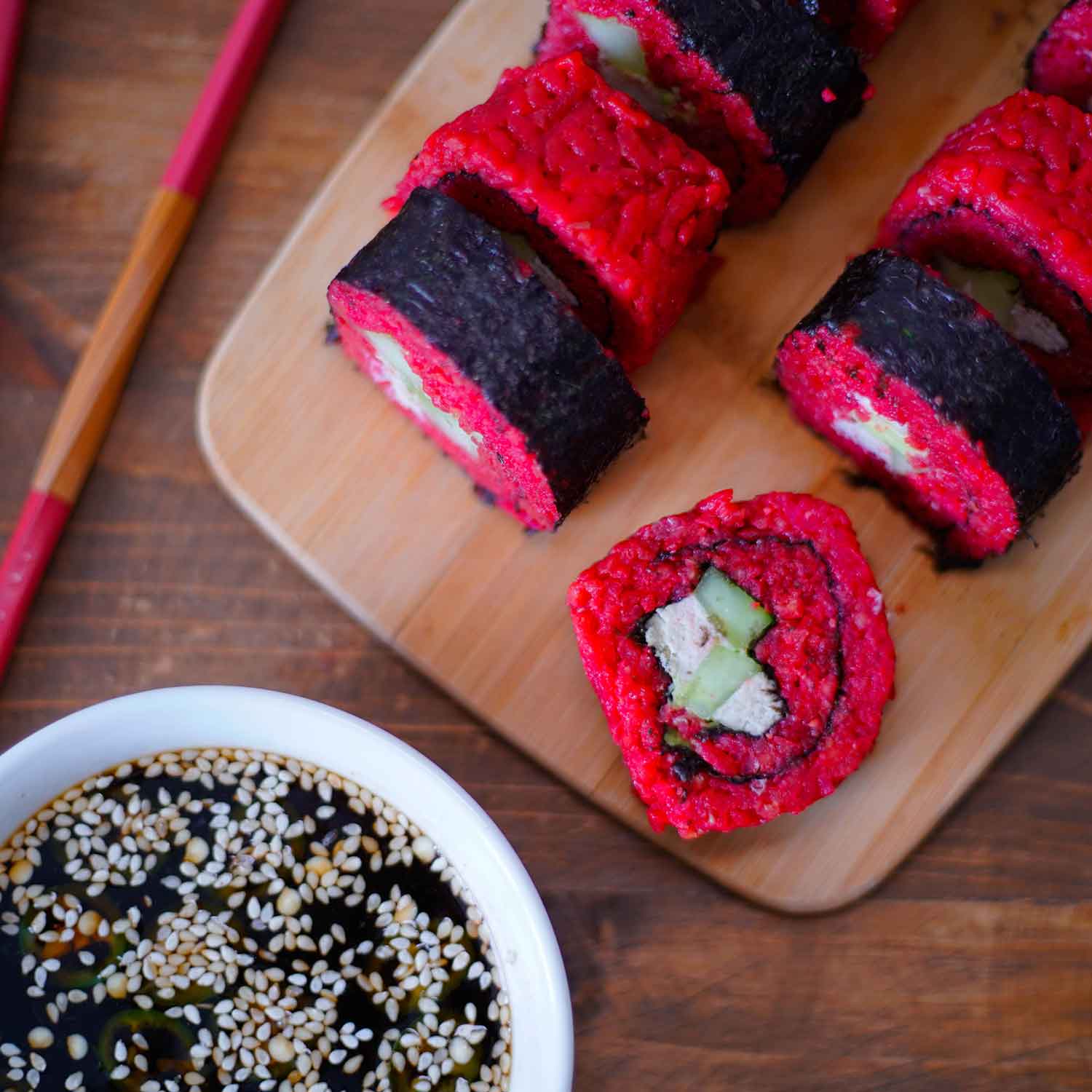 Vegan red velvet sushi