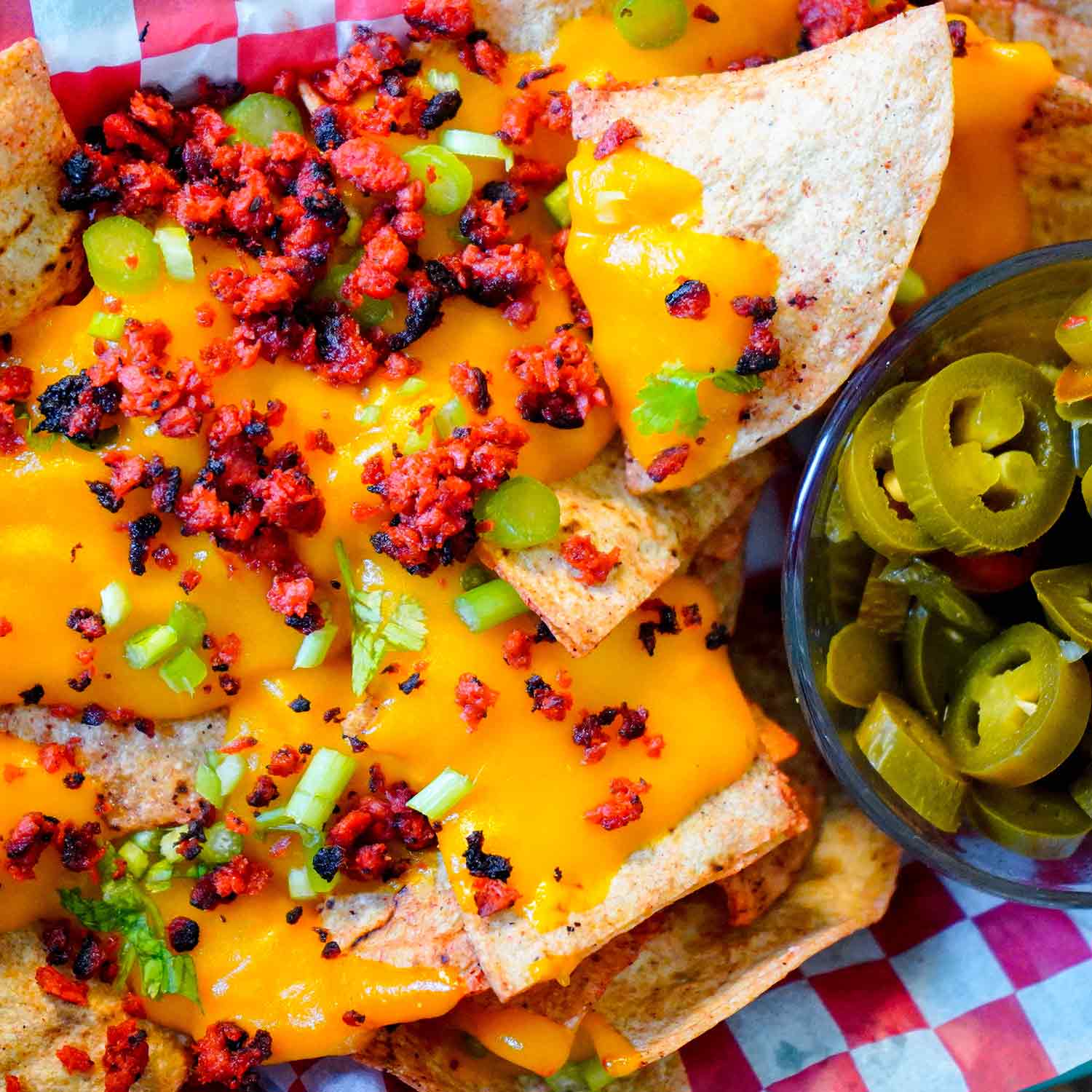 Nachos with chorizo and vegan cheddar