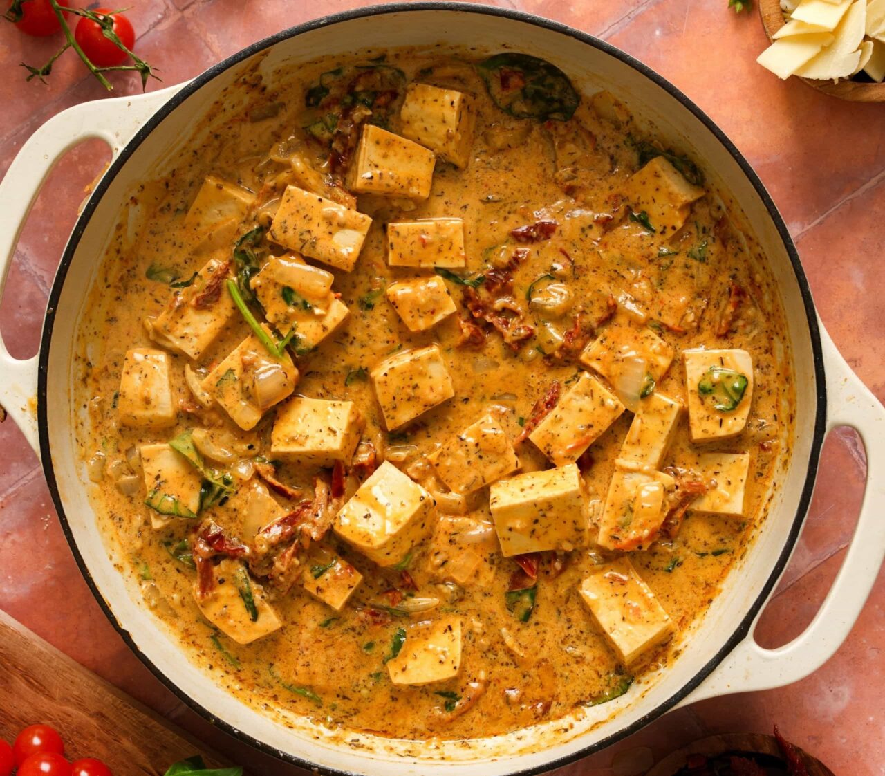 Easy one-skillet Marry Me Tofu with cubed super-firm tofu, sun-dried tomatoes, and fresh basil in a creamy dairy-free sauce.