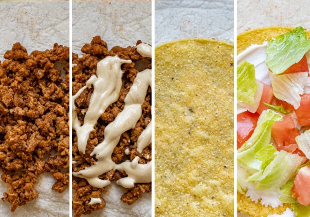 Four steps for assembling a Vegan Crunchwrap Supreme: plant-based beef on a tortilla, a drizzle of vegan queso, a tostada shell, and a layer of sour cream, lettuce, and tomatoes.