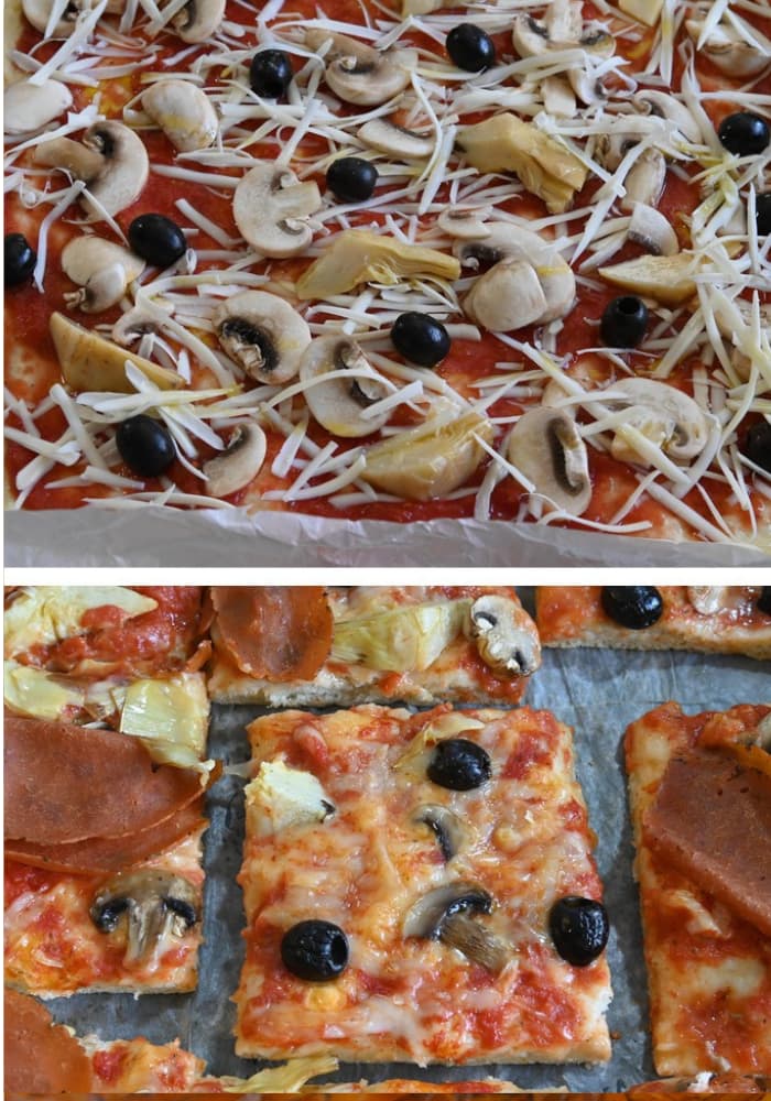 Before and after photos of a vegan pizza before and after baking, showing dairy-free cheese shreds melted and lightly browned over tomato sauce, mushrooms, artichokes, and olives.